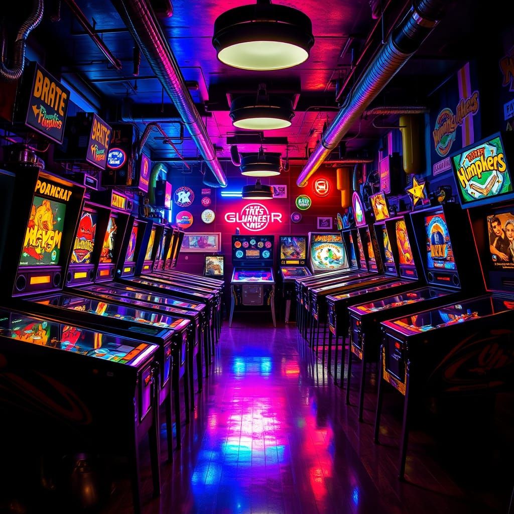 Retro Futuristic Pinball Arcade in Neon Lights