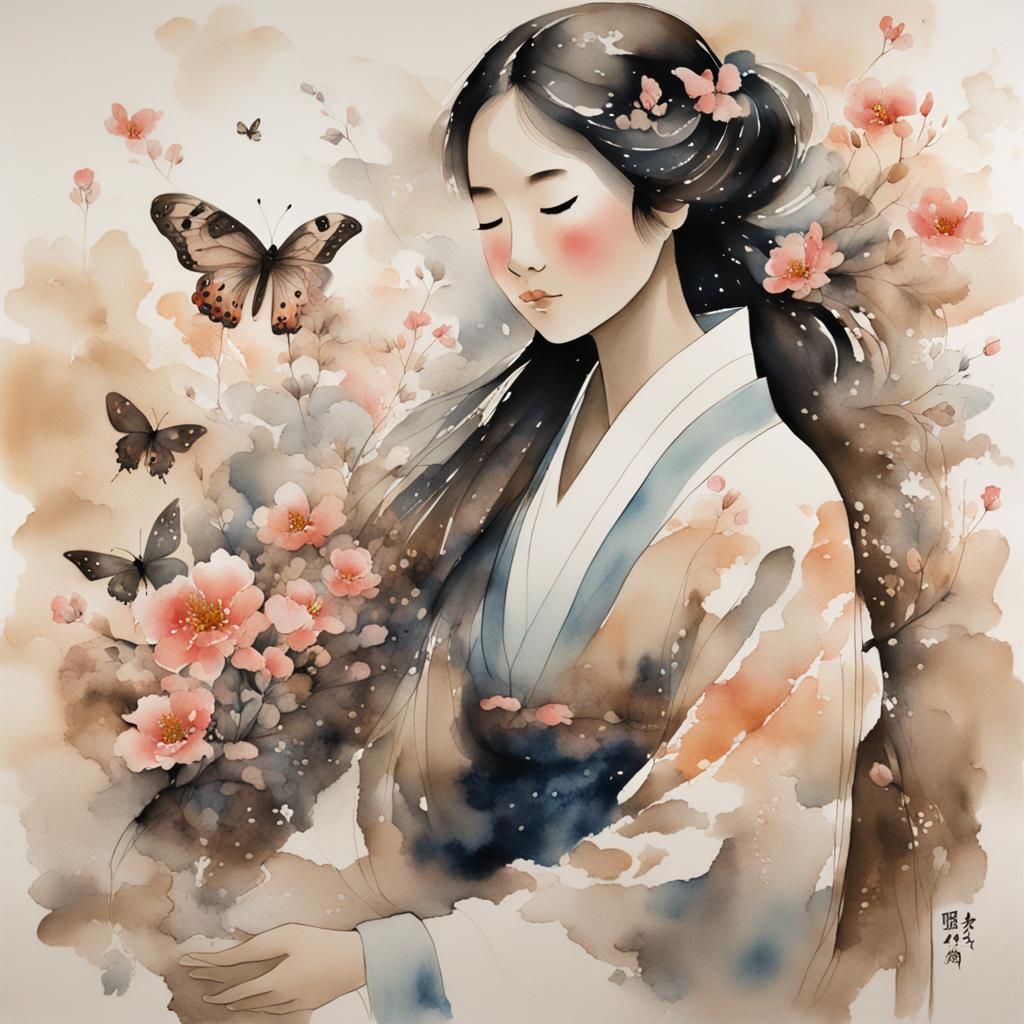 Serene Woman with Flowers in Chinese Ink Painting