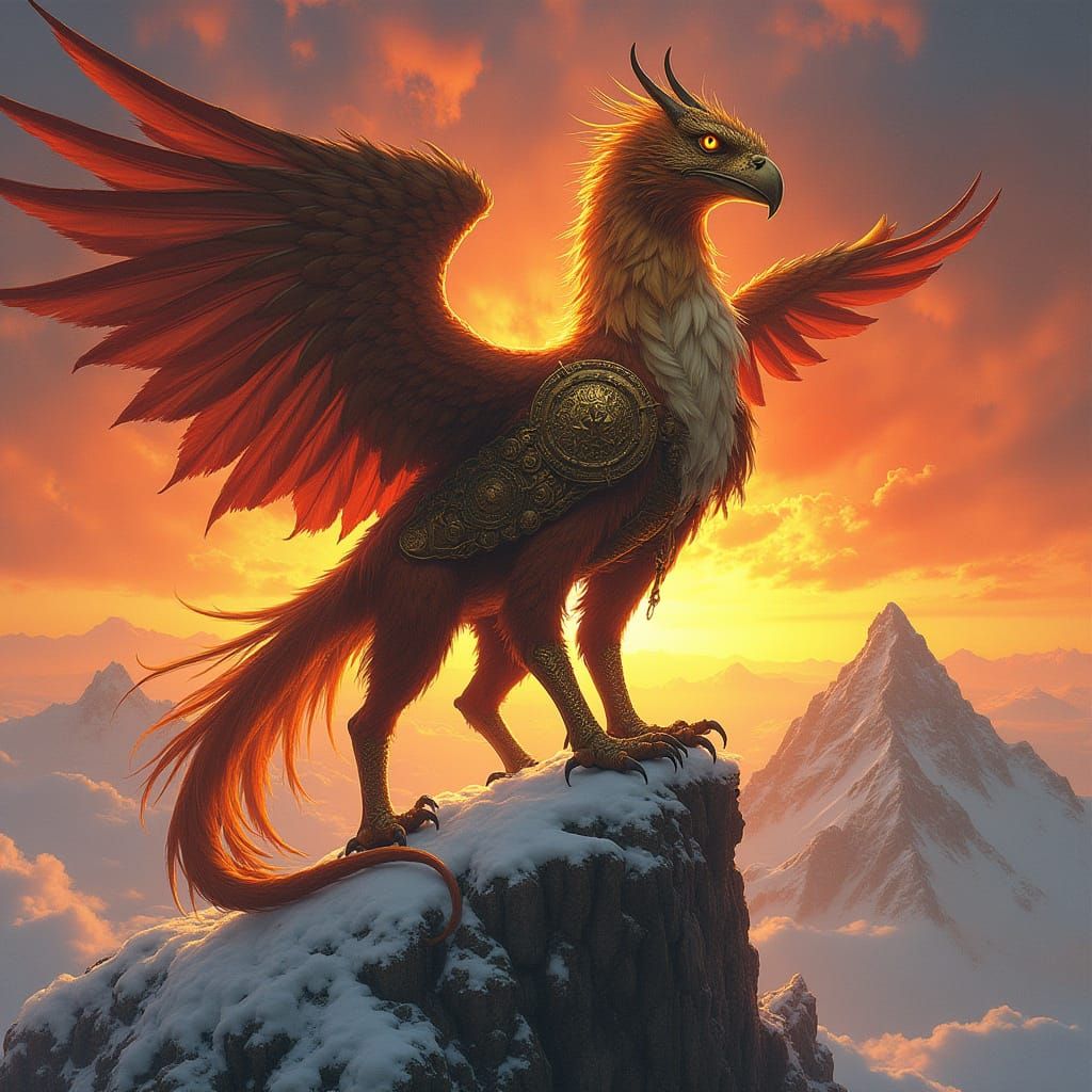 Armored Griffin Surveys Sunset Landscape