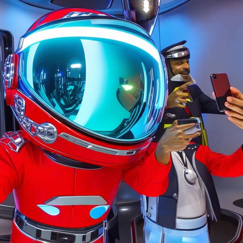 Spaceman Selfie in Sci-Fi Canteen: Vibrant Digital Art