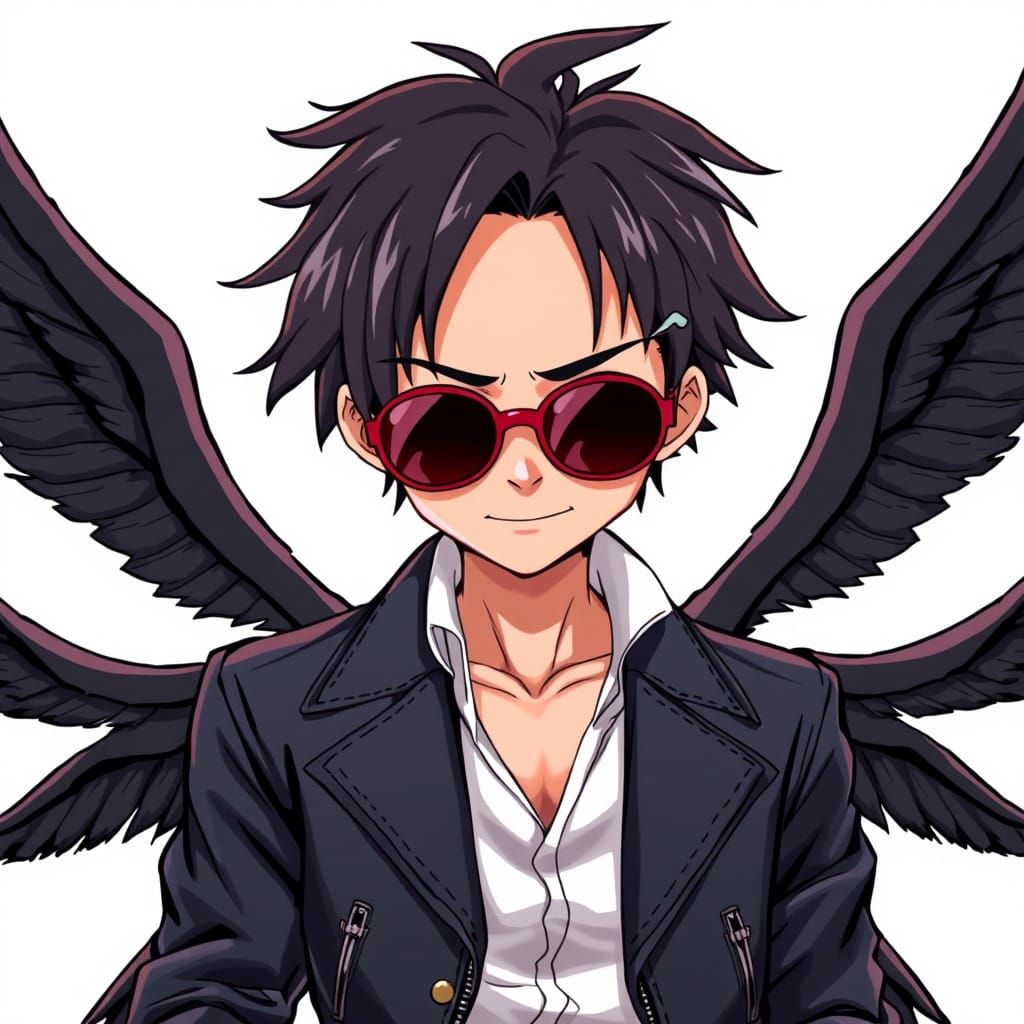 Japanese Anime Boy with Black Wings and Leather Suit