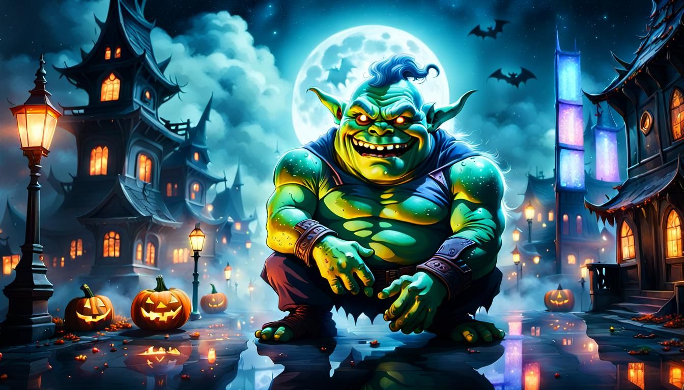 Prismatic Halloween Ogre on Haunted Skyscraper: Anime Style