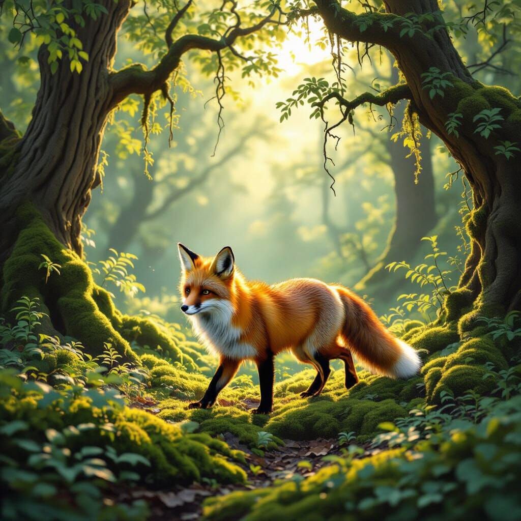 Majestic Fox in Sun-Dappled Forest