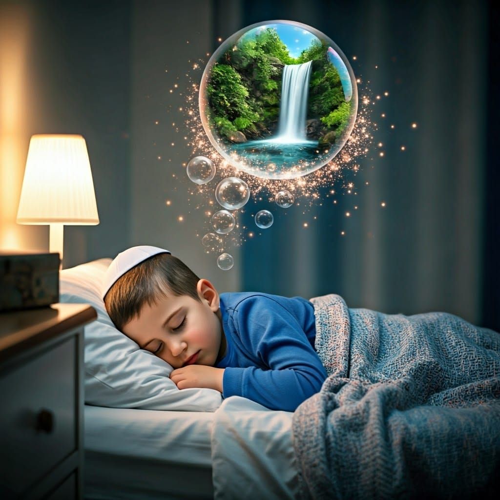 Sleeping Ultra-Orthodox Boy Surrounded by Dreamy Waterfall L...