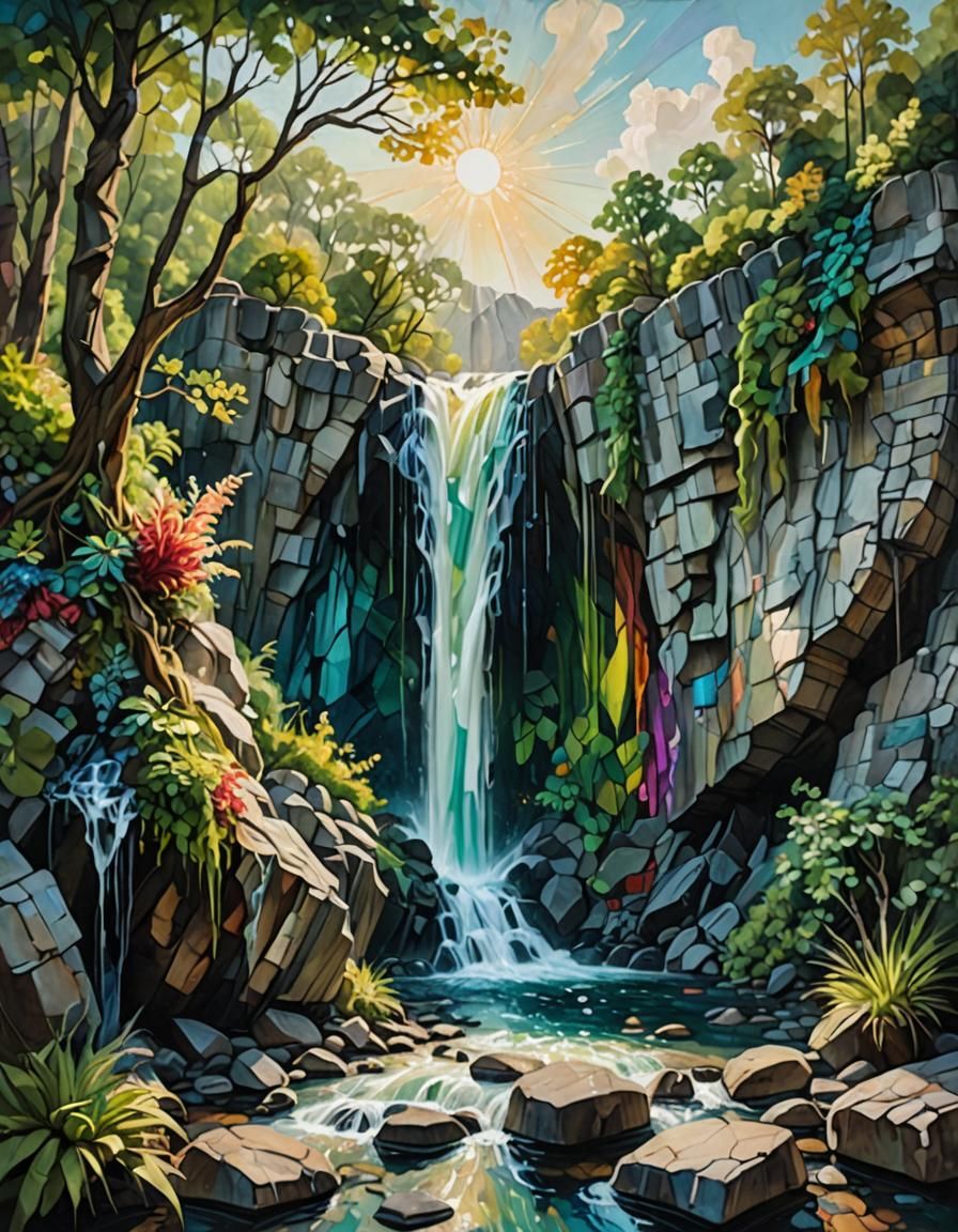 Glass Waterfall with Torn Paper in Surreal Landscape