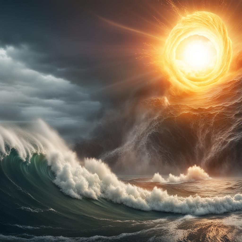 Typhoon Wave Crashing Into The Sun: Fantasy Art