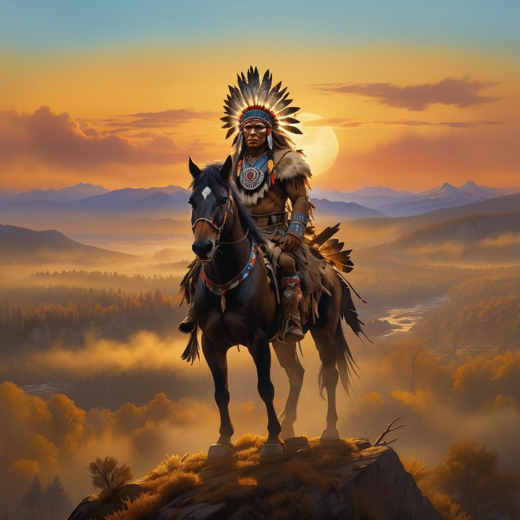 Blackfoot Warrior on Mountain Peak in Matte Painting Style
