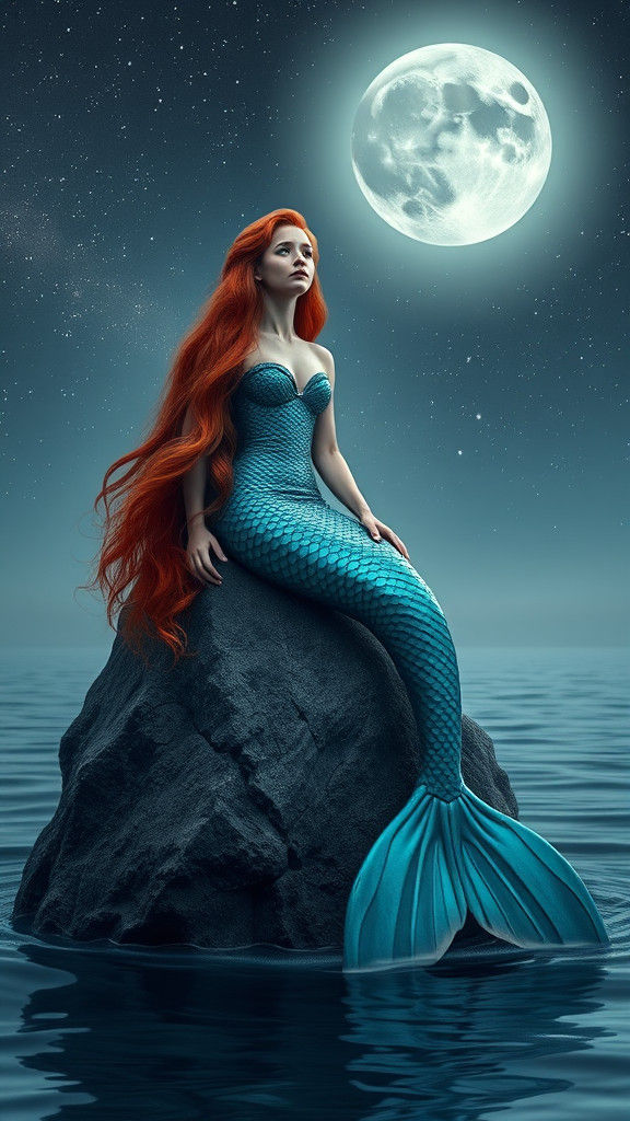 Red-Haired Mermaid Under Starry Night Sky