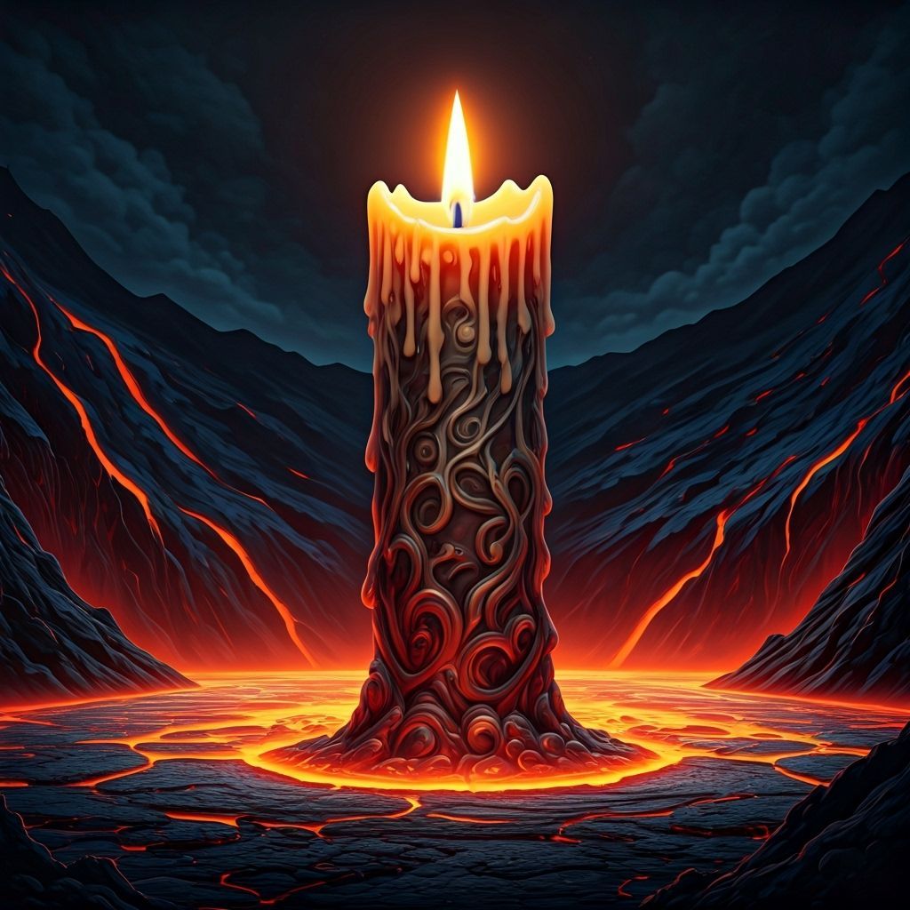 Giant Candle in Volcano Crater, Dark Fantasy Art