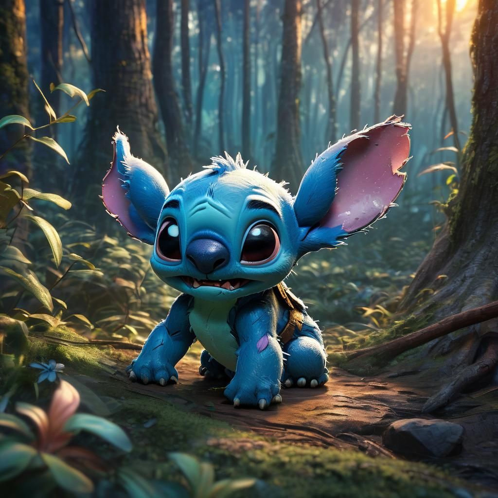 Hyperrealistic Disney Stitch at Forest Sunset