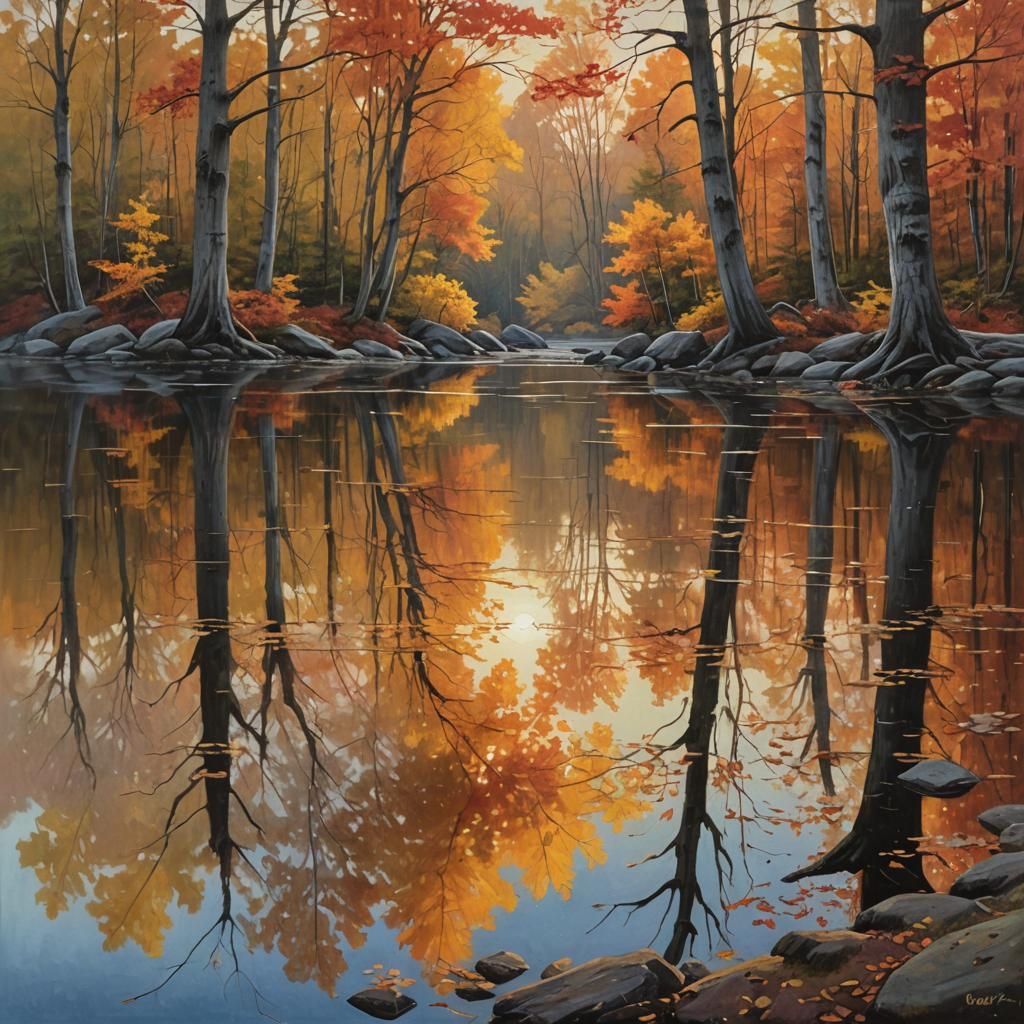 Autumn Lake Sunset: A Hudson River School Style Painting