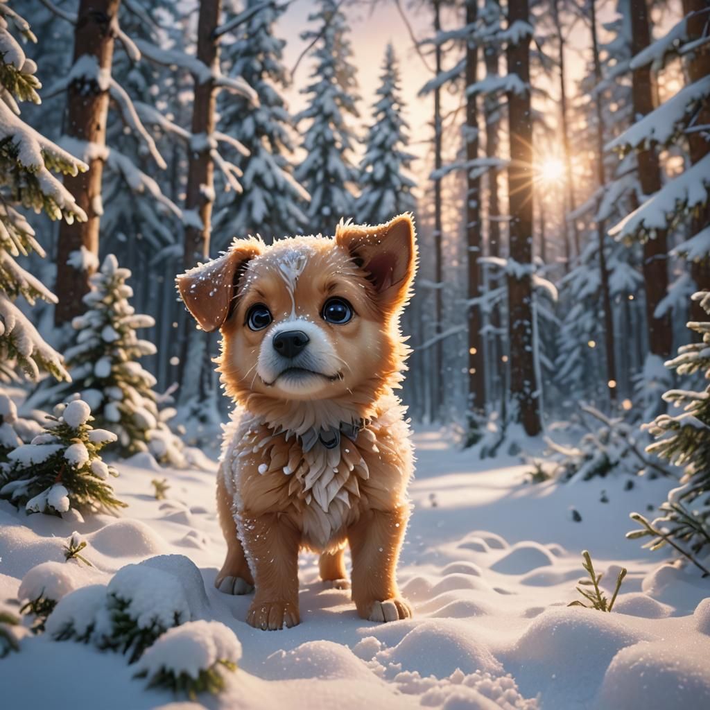 Puppy Covered in Snow in Snowy Forest