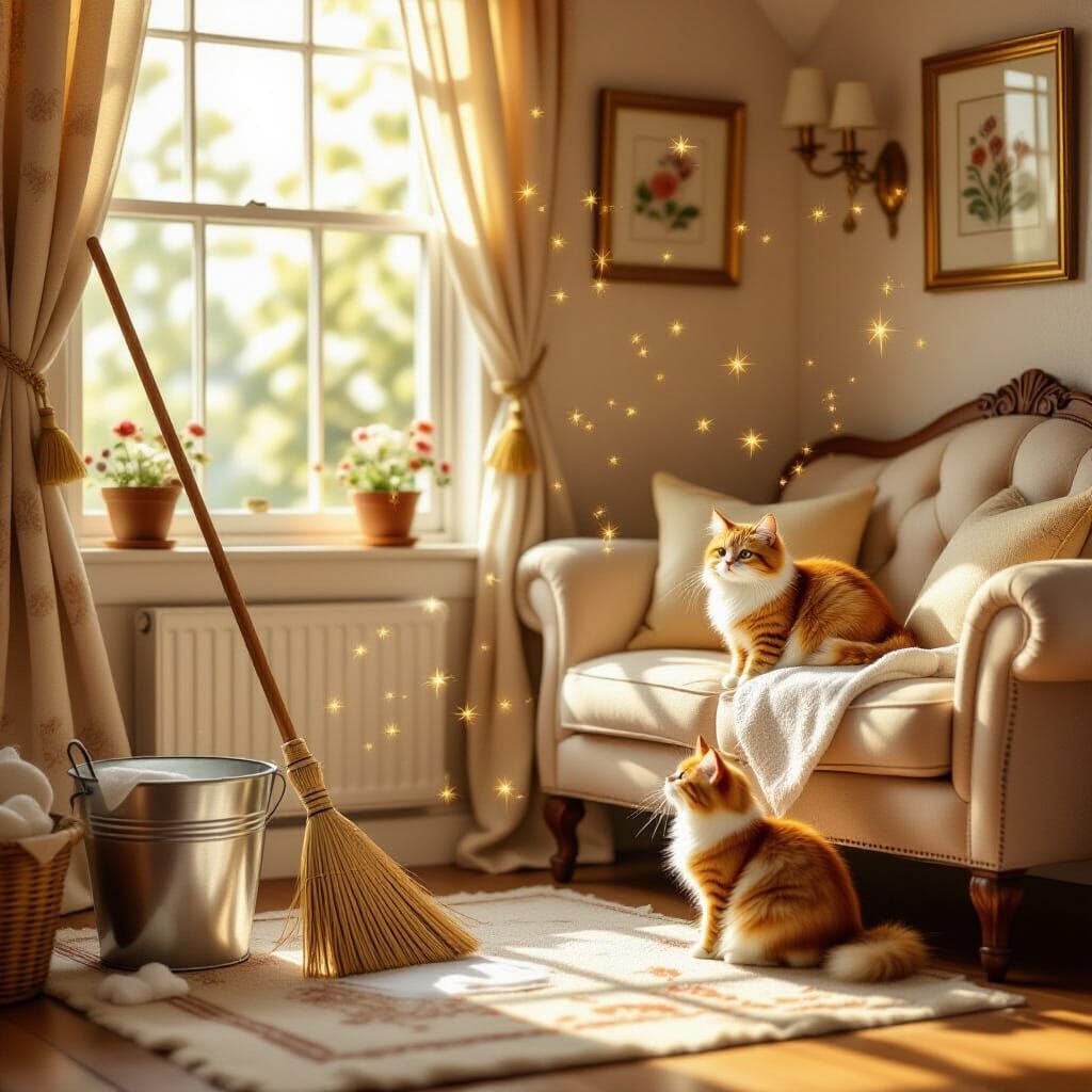 Cozy Cottage Interior with Magic and Cat