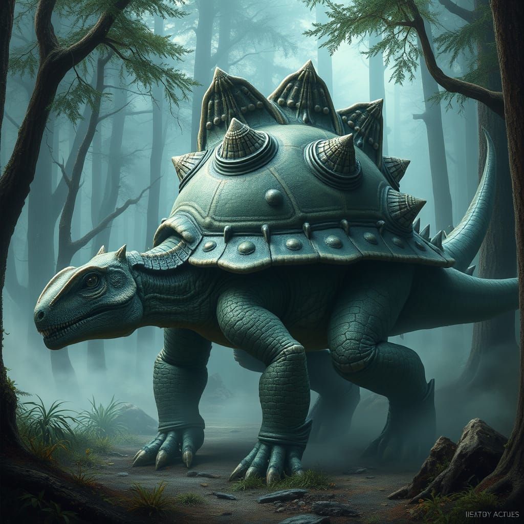 Armored Ankylosaurus-Turtle Hybrid in Primeval Forest