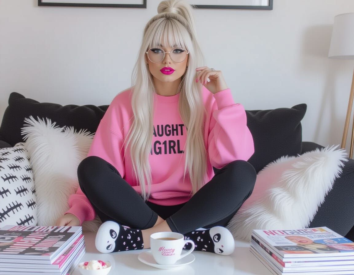 Woman with Platinum Hair and Emo Makeup Eating Ice Cream