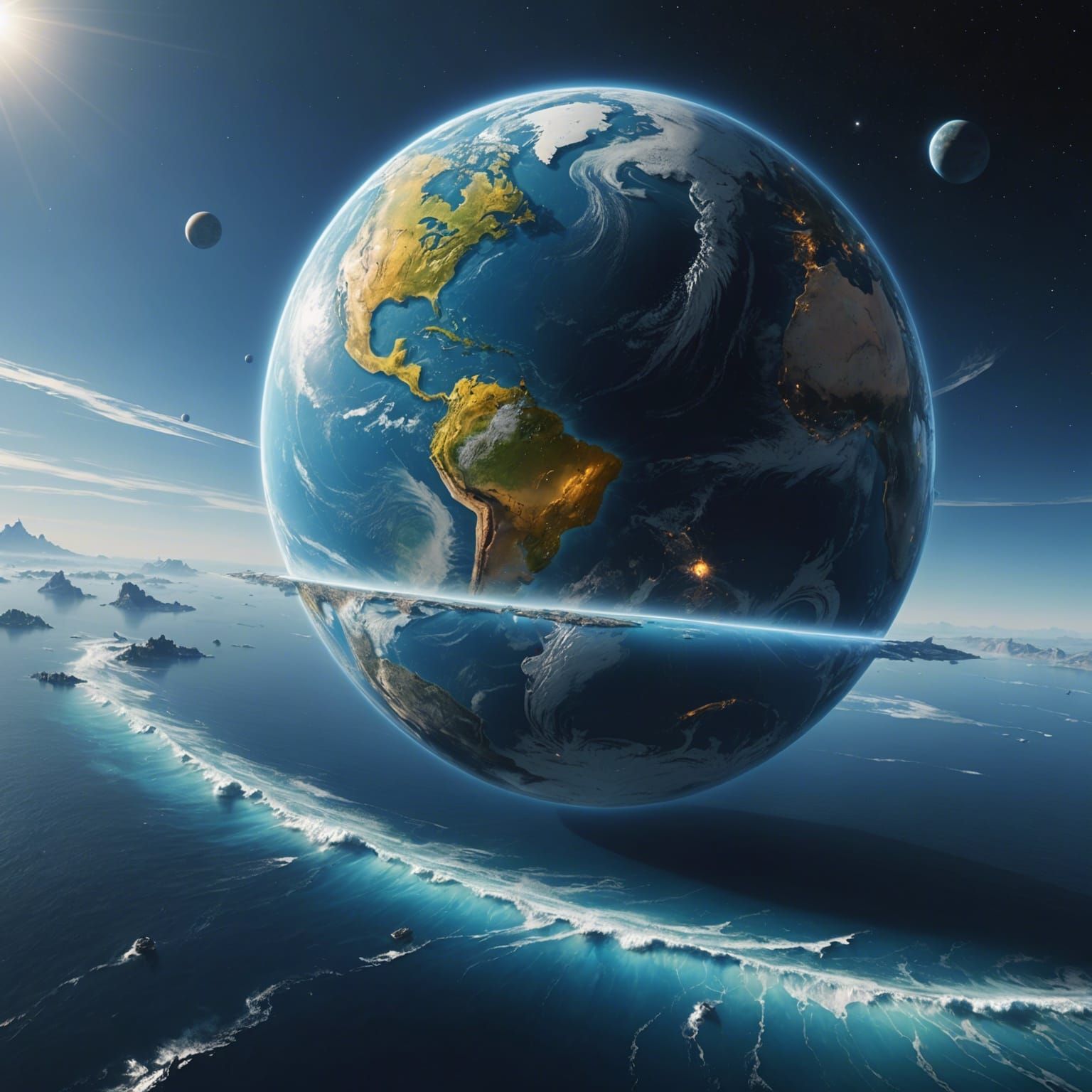 Photorealistic Planet with Yellow Continents and Blue Ring