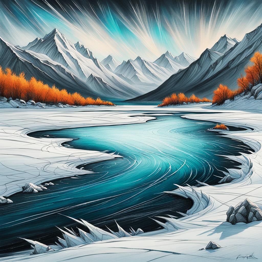 Frozen Lake in Winter: A Charcoal Drawing Masterpiece