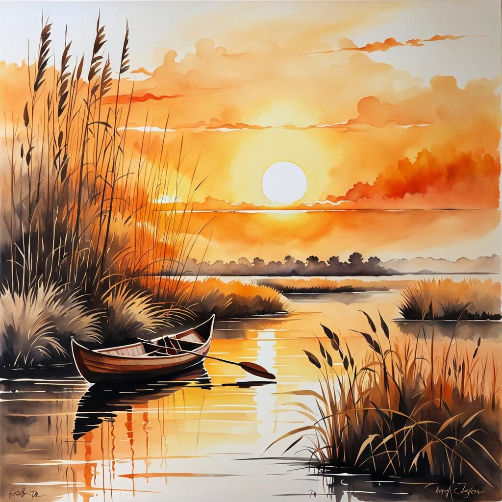Native American Pirogue in Watercolor Sunset