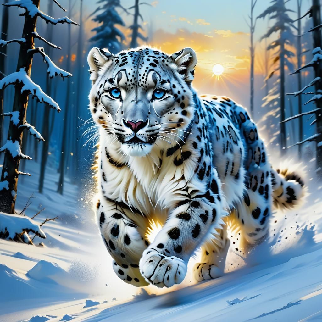 Snow Leopard Running at Sunset: Detailed Matte Painting