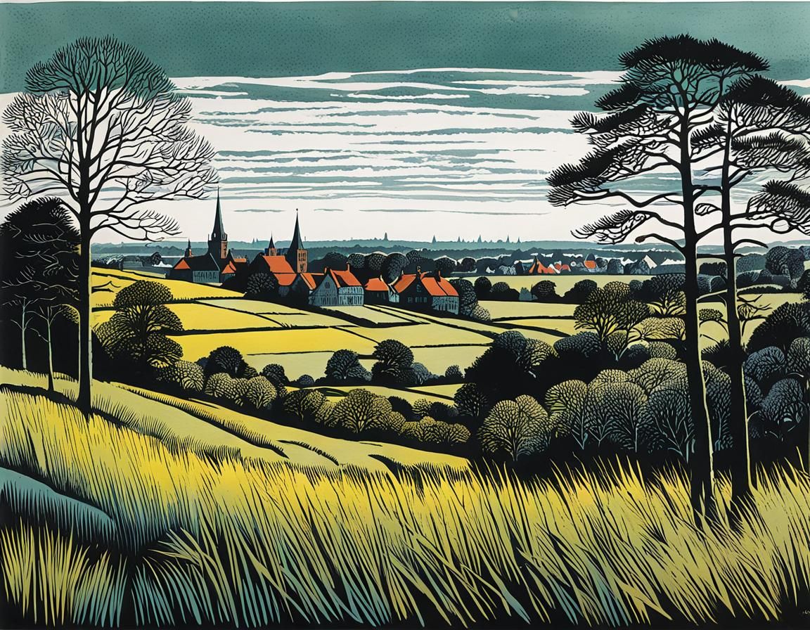 Lüneburg Heath Linoprint with Village View