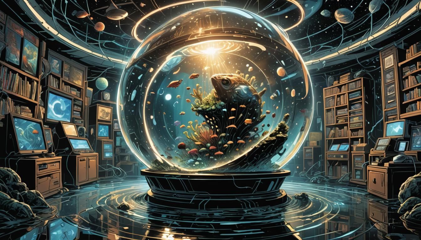 Futuristic Quantum Aquarium in Comic Book Style