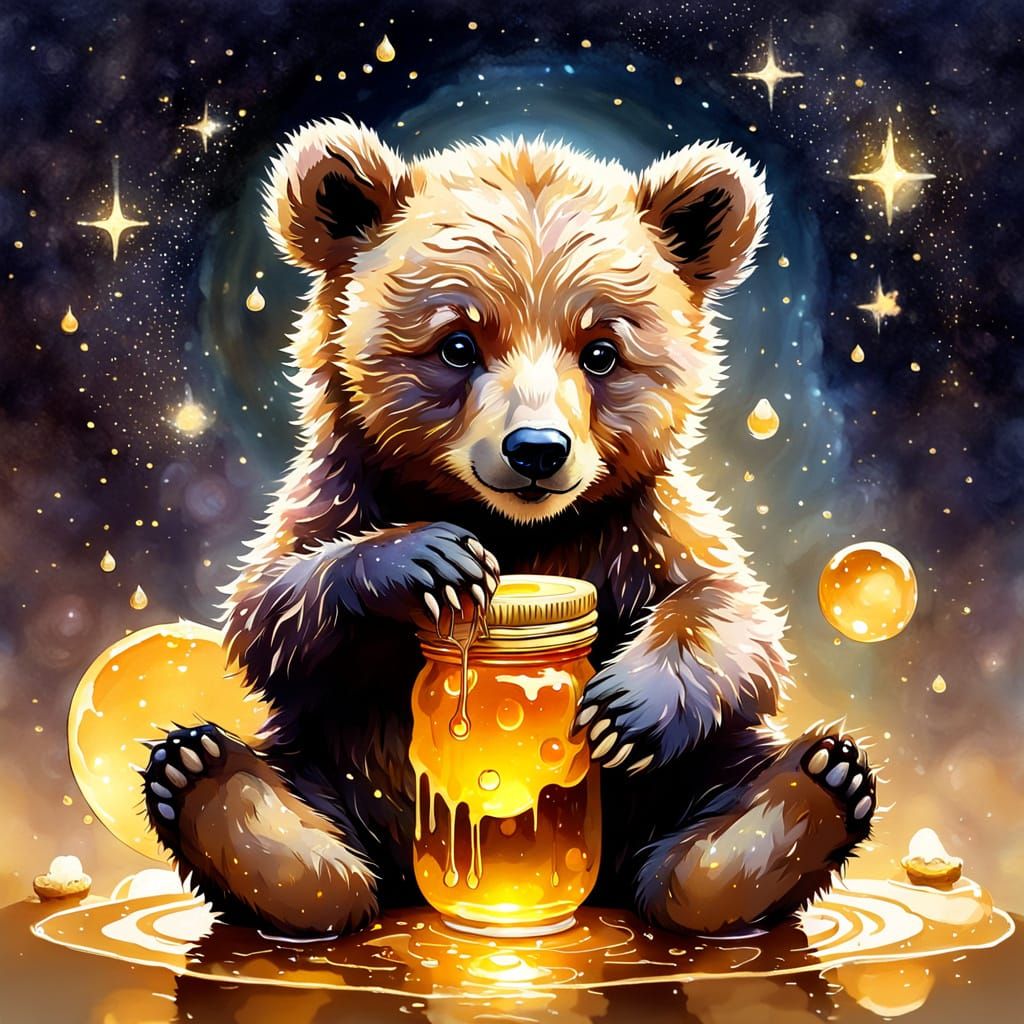 Dreamlike Bear Cub on Moon in Watercolor Style