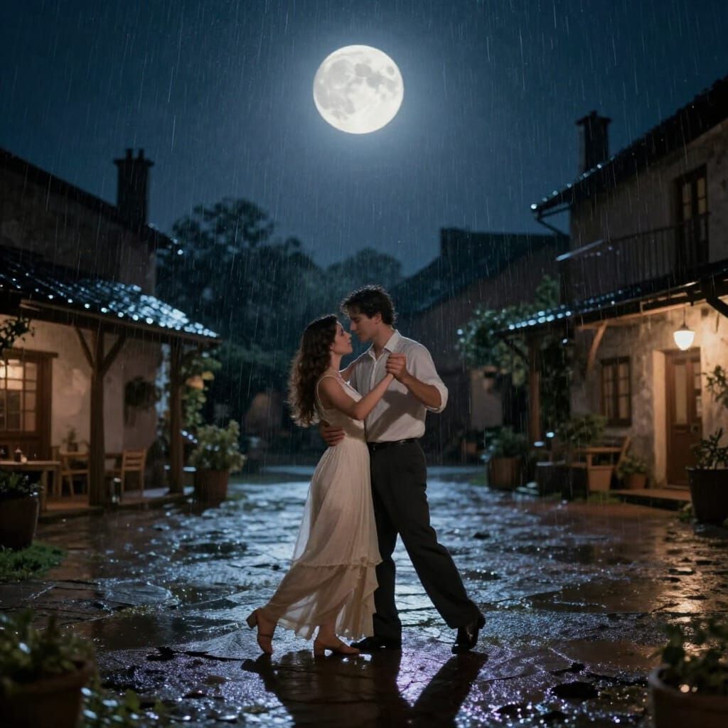 Romantic Couple Dancing in Moonlit Rain as Painterly Art