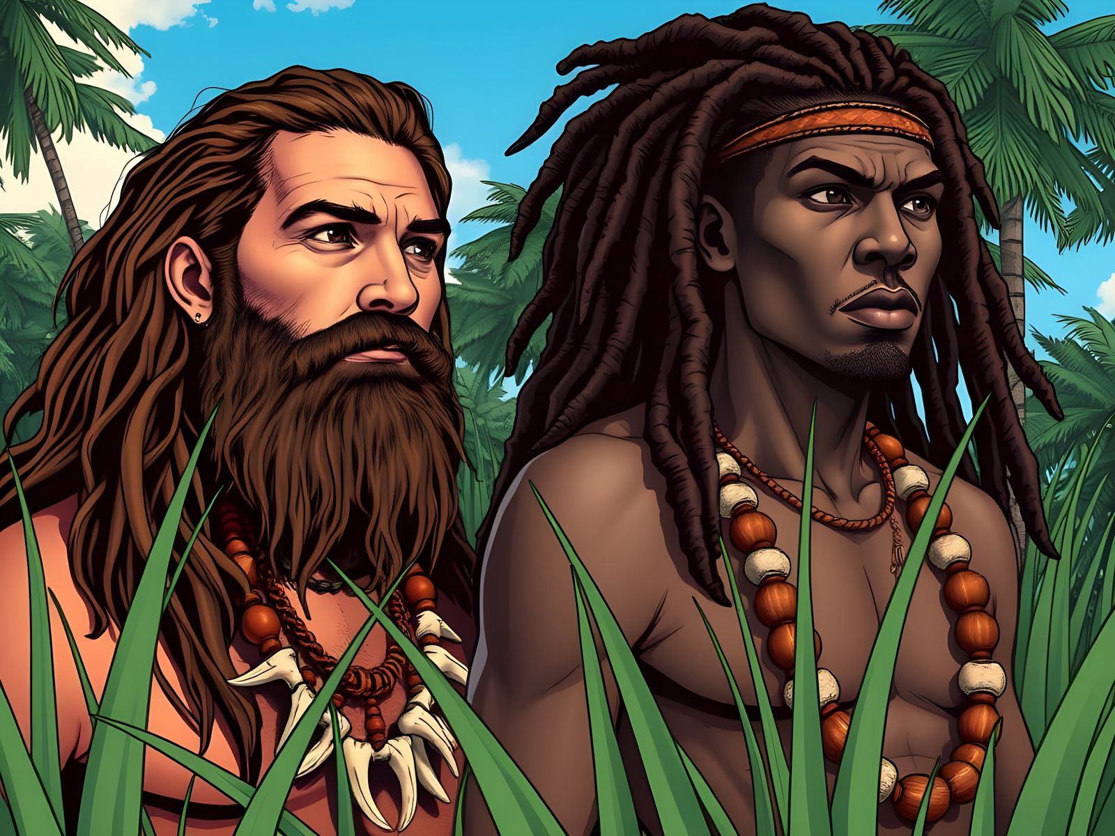 Thoughtful Tribesmen Amidst Jungle Canopy