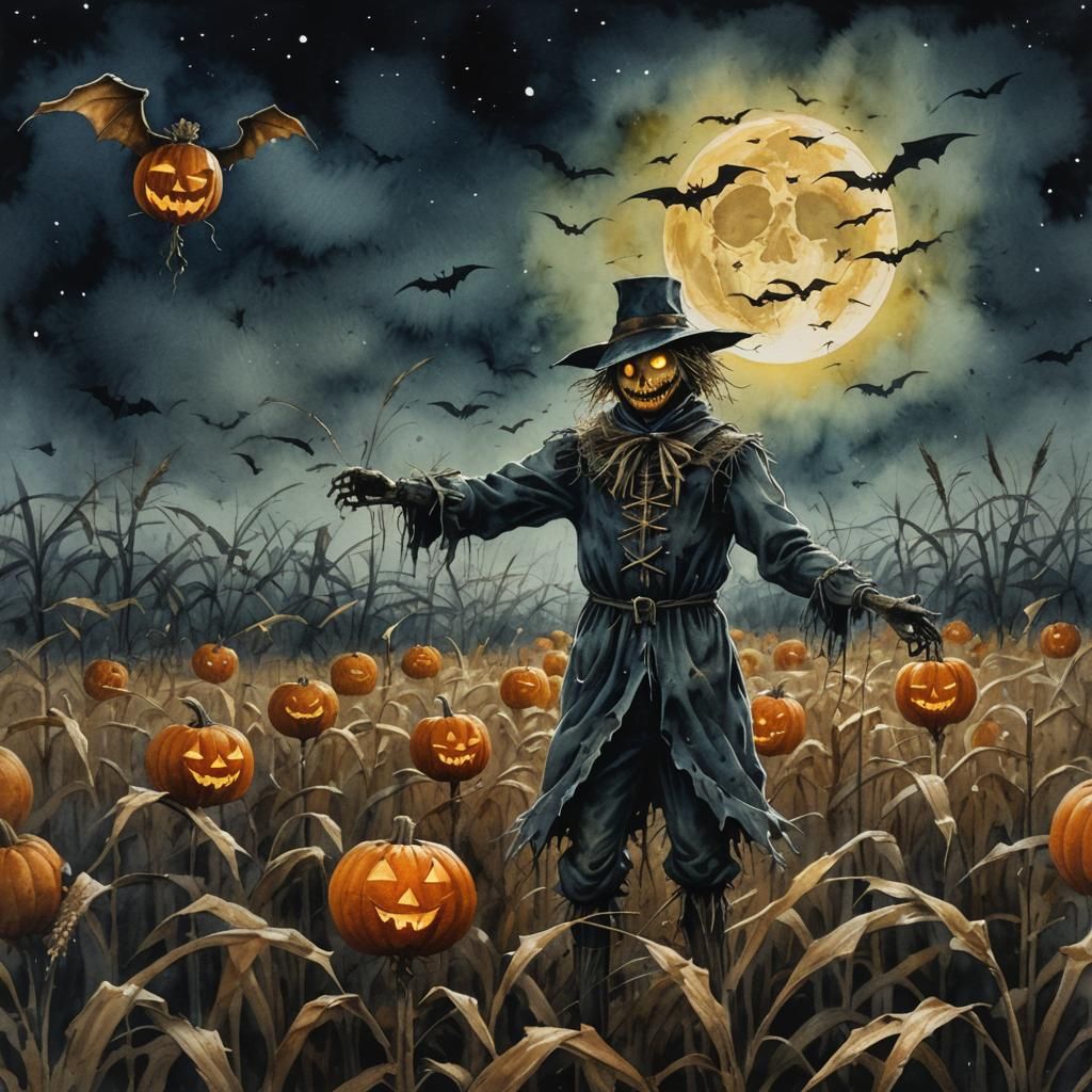 Halloween Scarecrow Cornfield Fight in Watercolor Style
