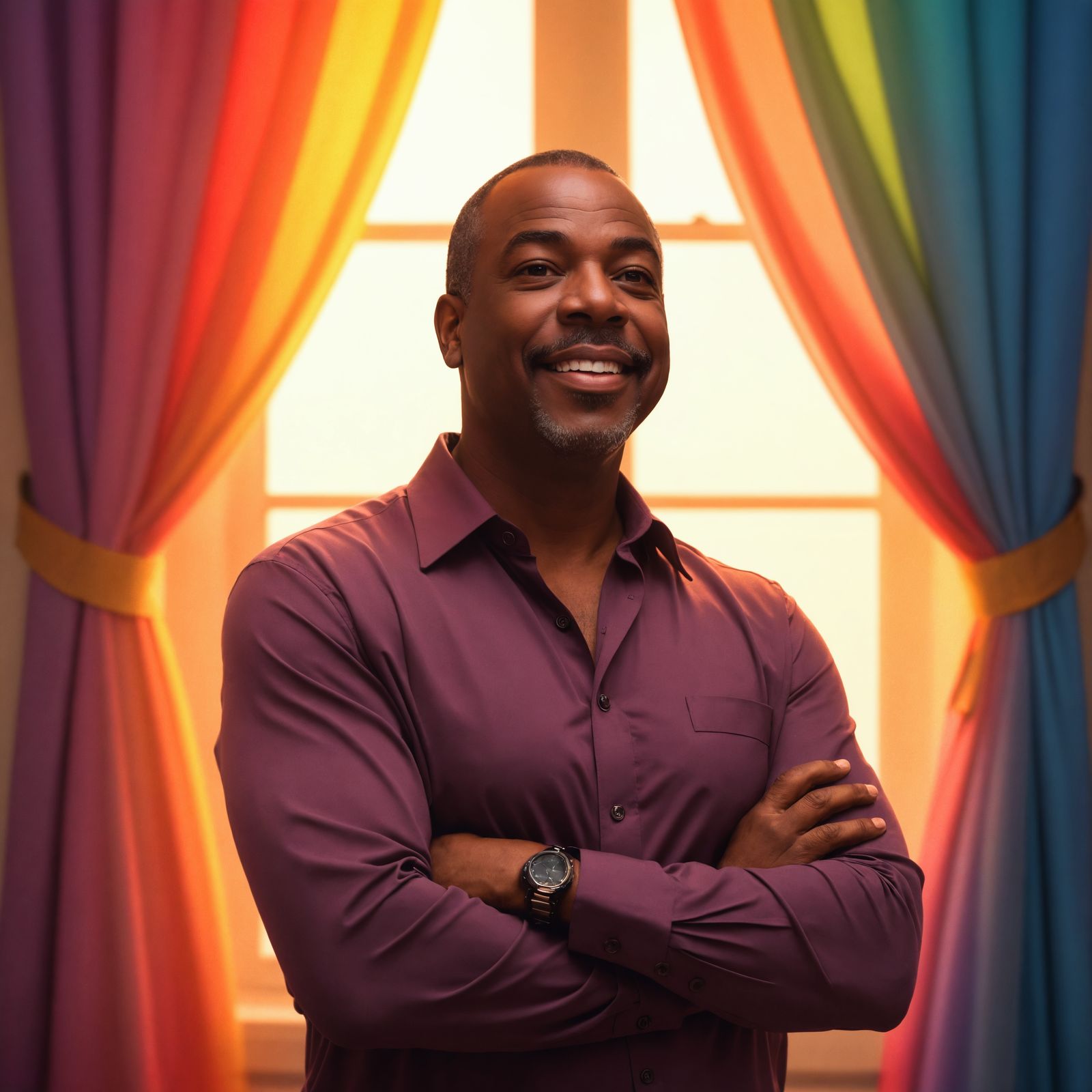 Happy Lavar Burton Portrait with Rainbow Curtains