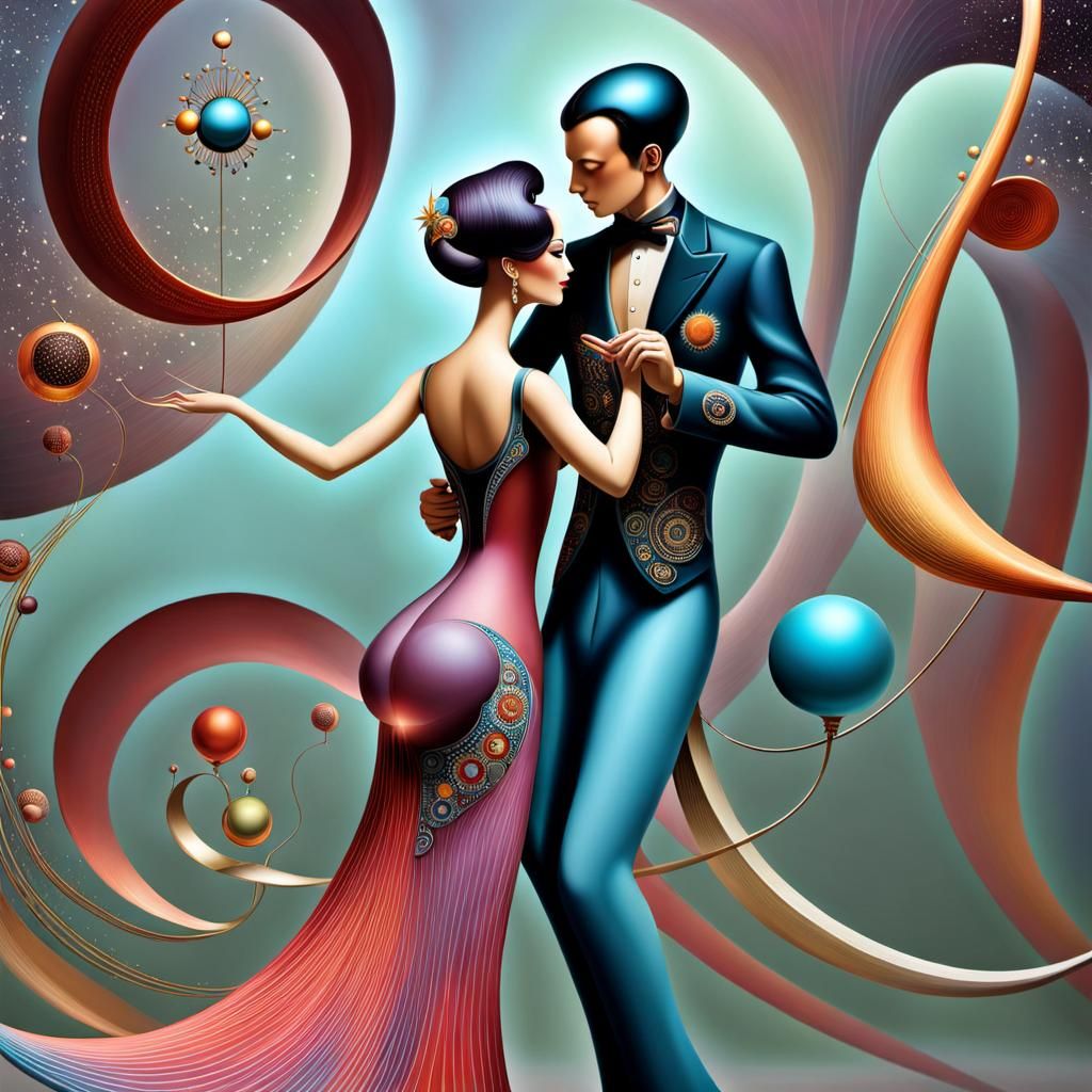 Intricate Atomic Universe Within Dancing Figures