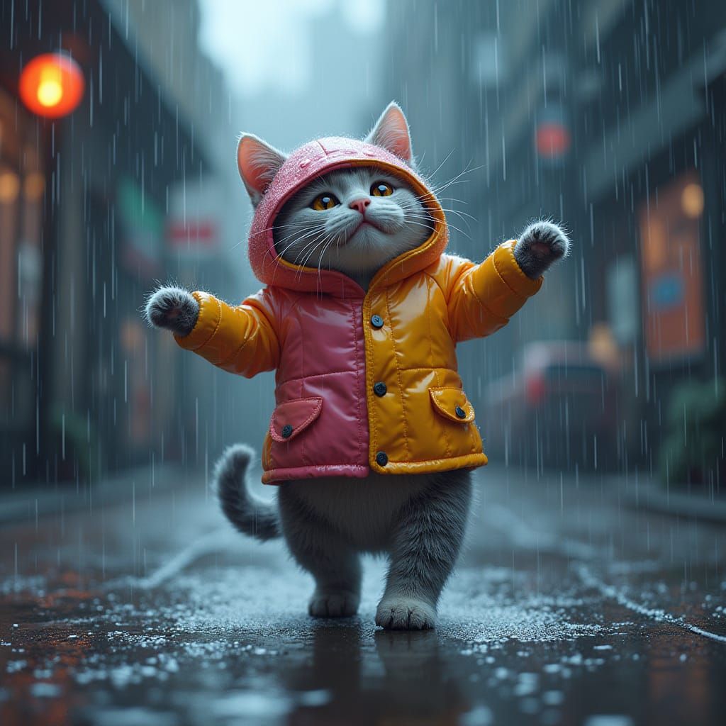 Whimsical Cat Dances in Futuristic Rainy Scene