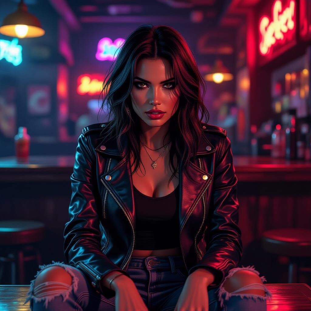 Grumpy Biker Chick in Bar, Hyperrealistic Style
