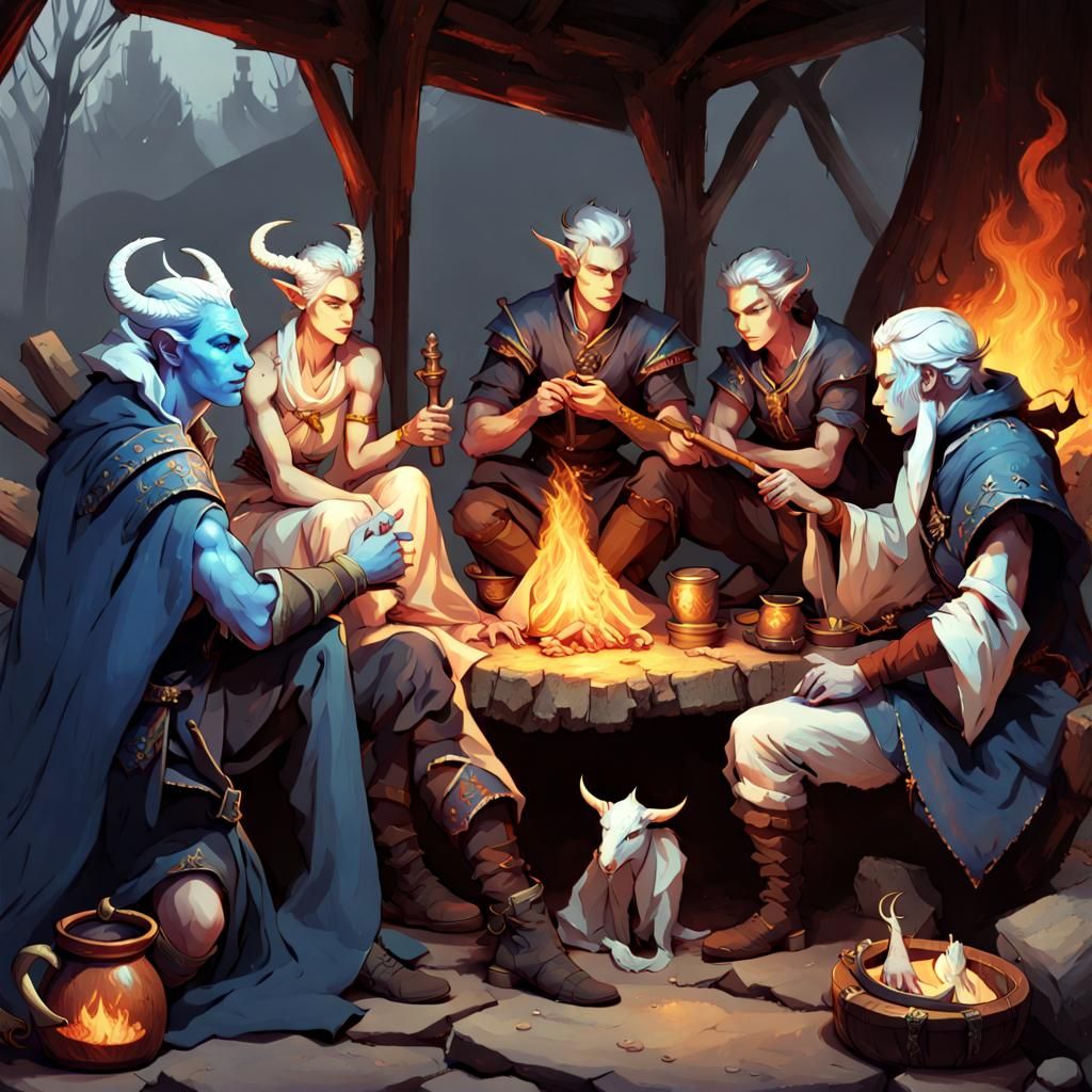 Fantasy Characters Around Campfire, Dark Fantasy Concept Art