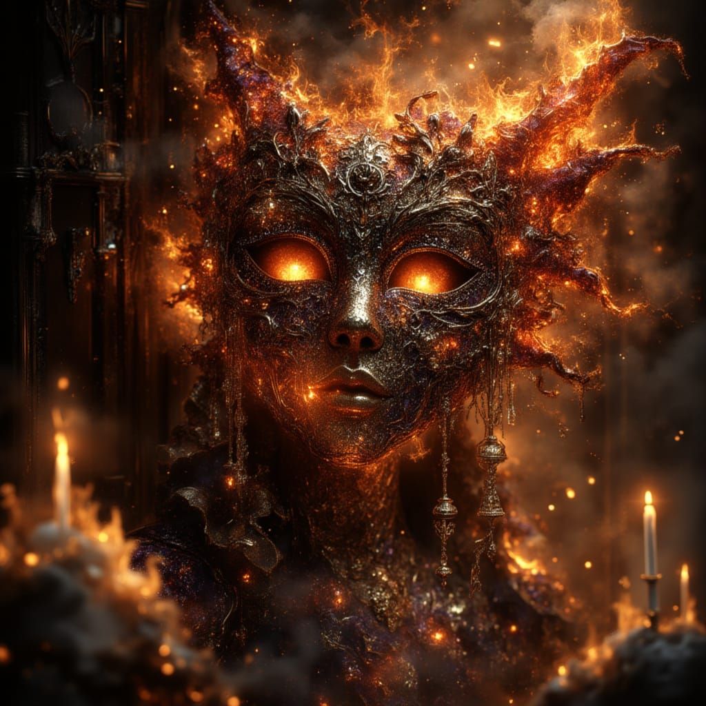 Vientian Masquerade Mask with Flames, Pearls, and Gold