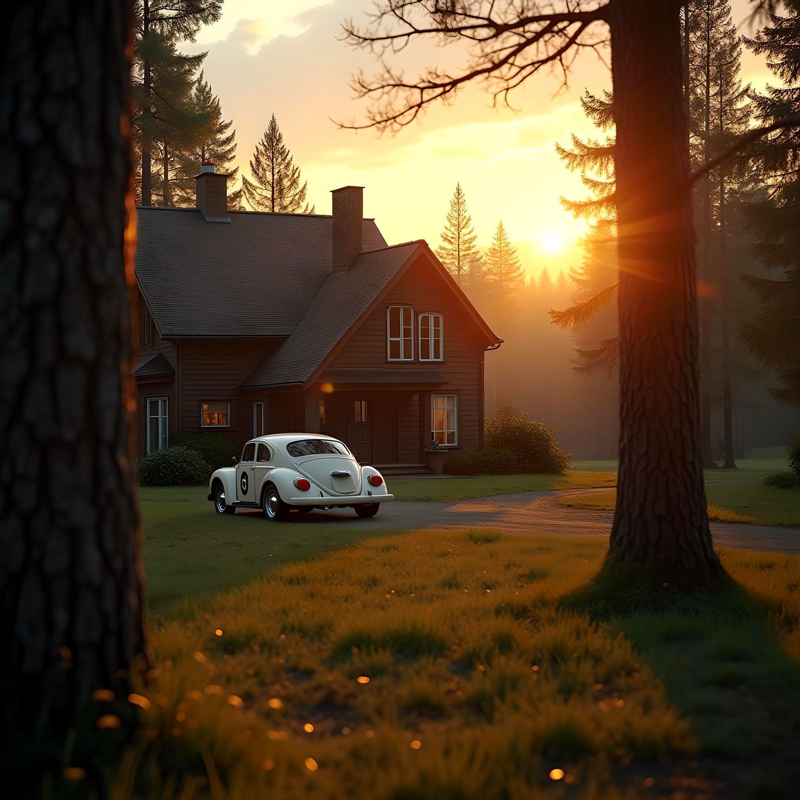 Fairytale House with Car at Sunset: Cinematic Film Still