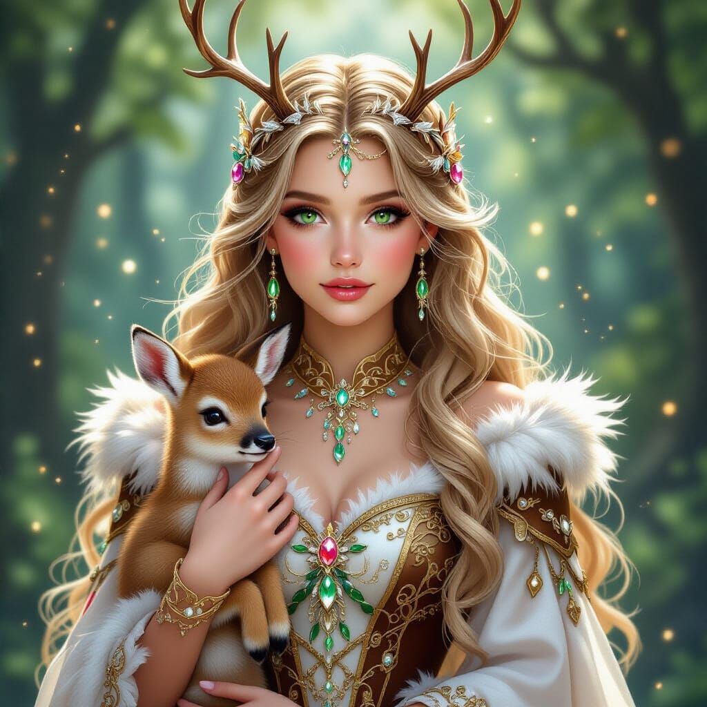 Ethereal Princess with Fawn in Magical Forest