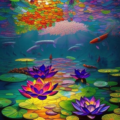Stained Glass Lotus Flowers and Koi Fish