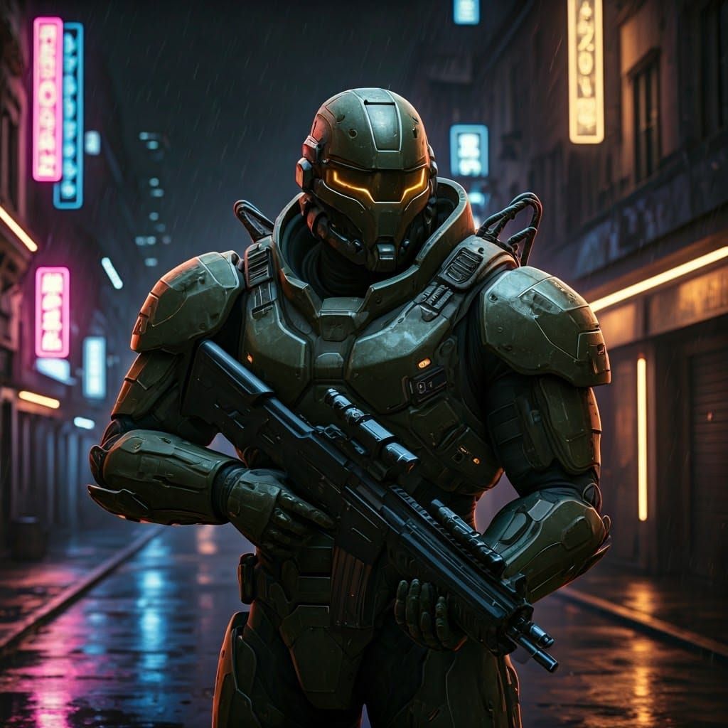 Futuristic Soldier in Advanced Armor on Neon Street