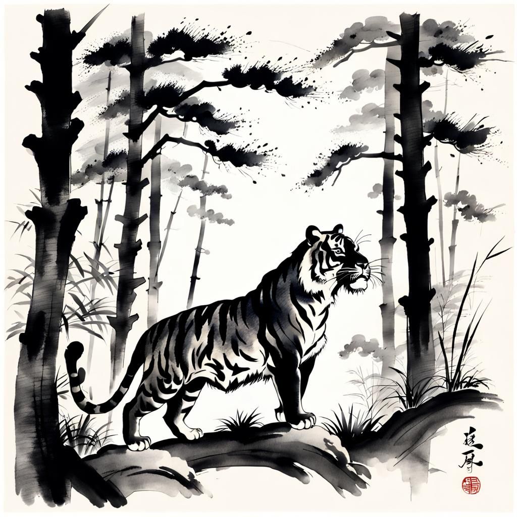 Tiger in Woods: Sumi Style Ink Painting