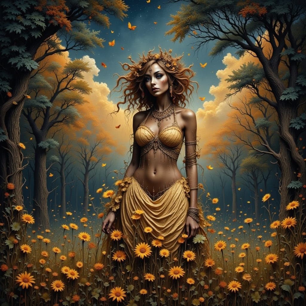 Woman in Starry Meadow Aura, Muted Beauty Style