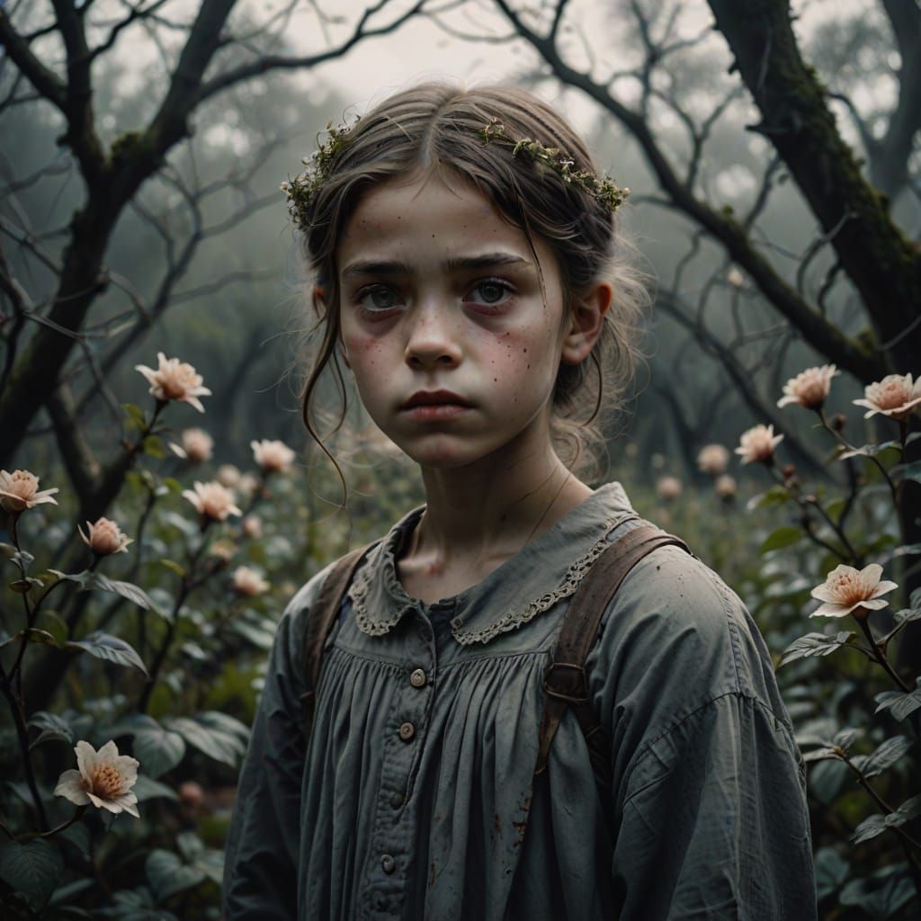 Haunted Girl in Desolate Garden, Eerie Concept Art Portrait