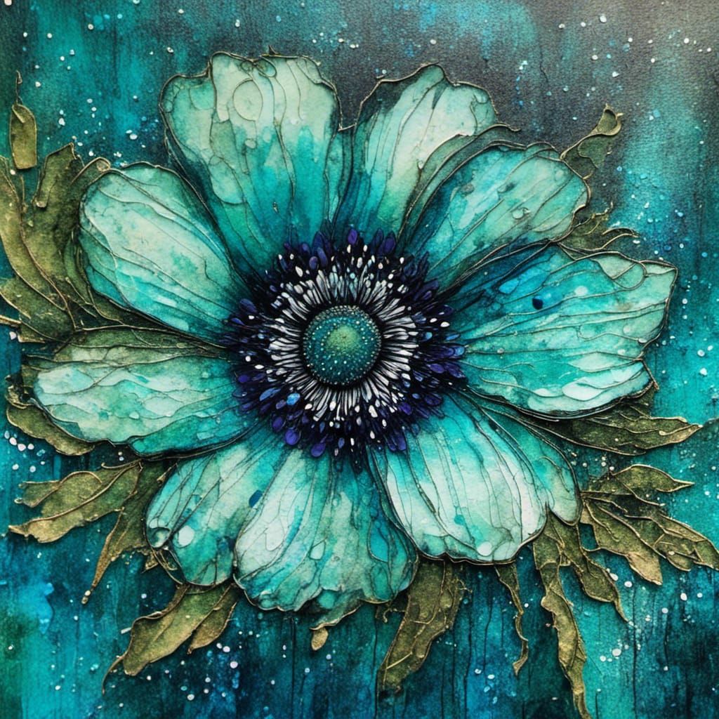 alcohol ink blue anemone flower with contrasting black stamens, dark sage green wood textured watercolor wet on wet back...