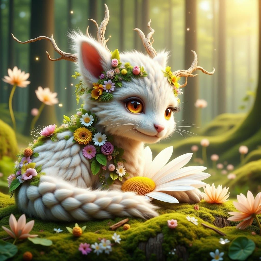 Whimsical White Dragon with Flower Crown