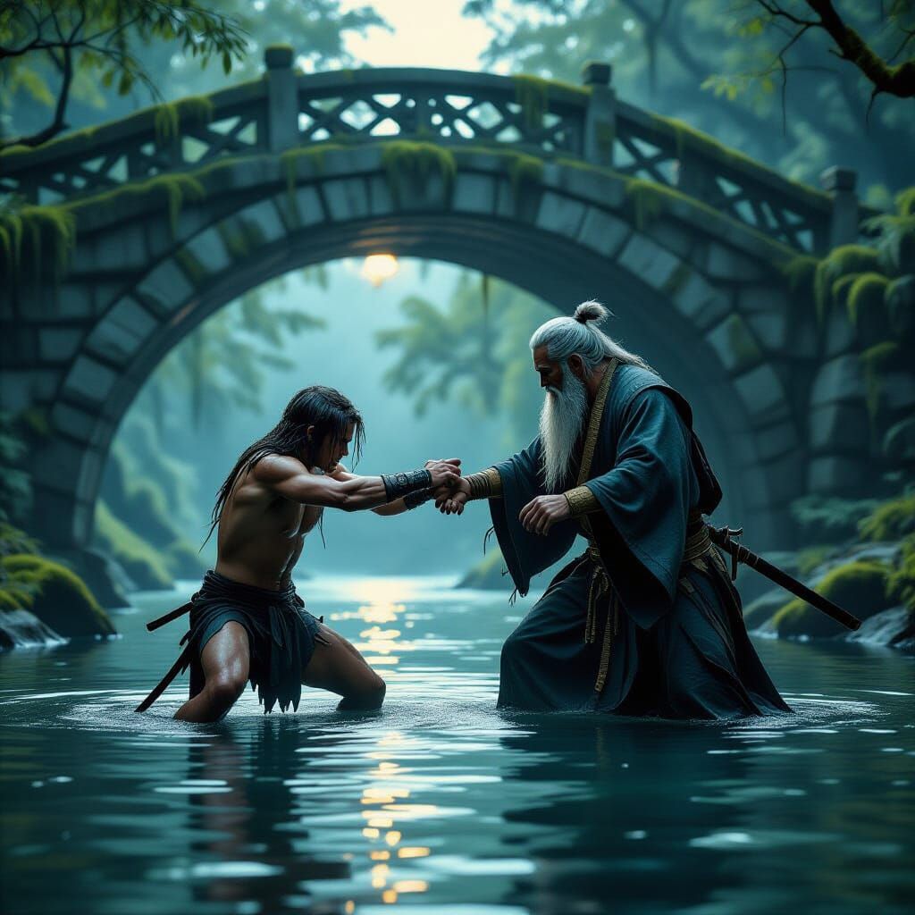 Fighter Battle Under Flooded Bridge at Dusk