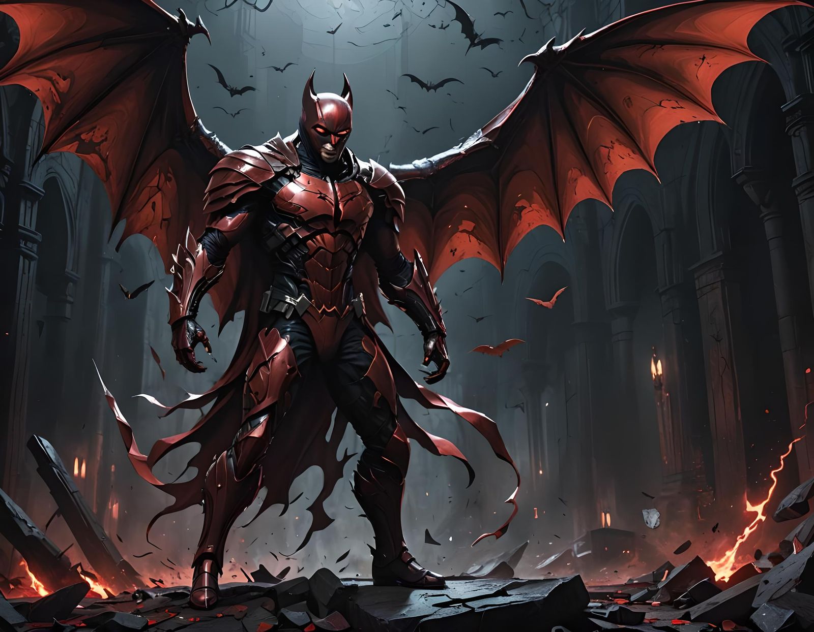 Man in Red Outfit with Bat Wings Digital Painting