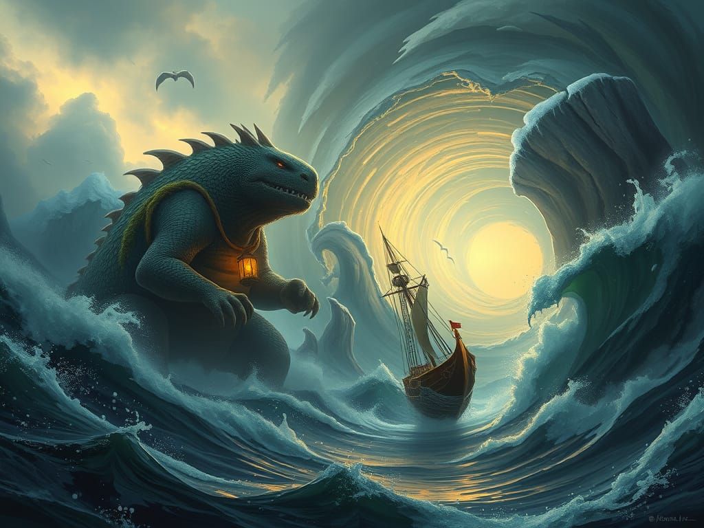 Mossy Sea Giant Rescues Ship in Storm