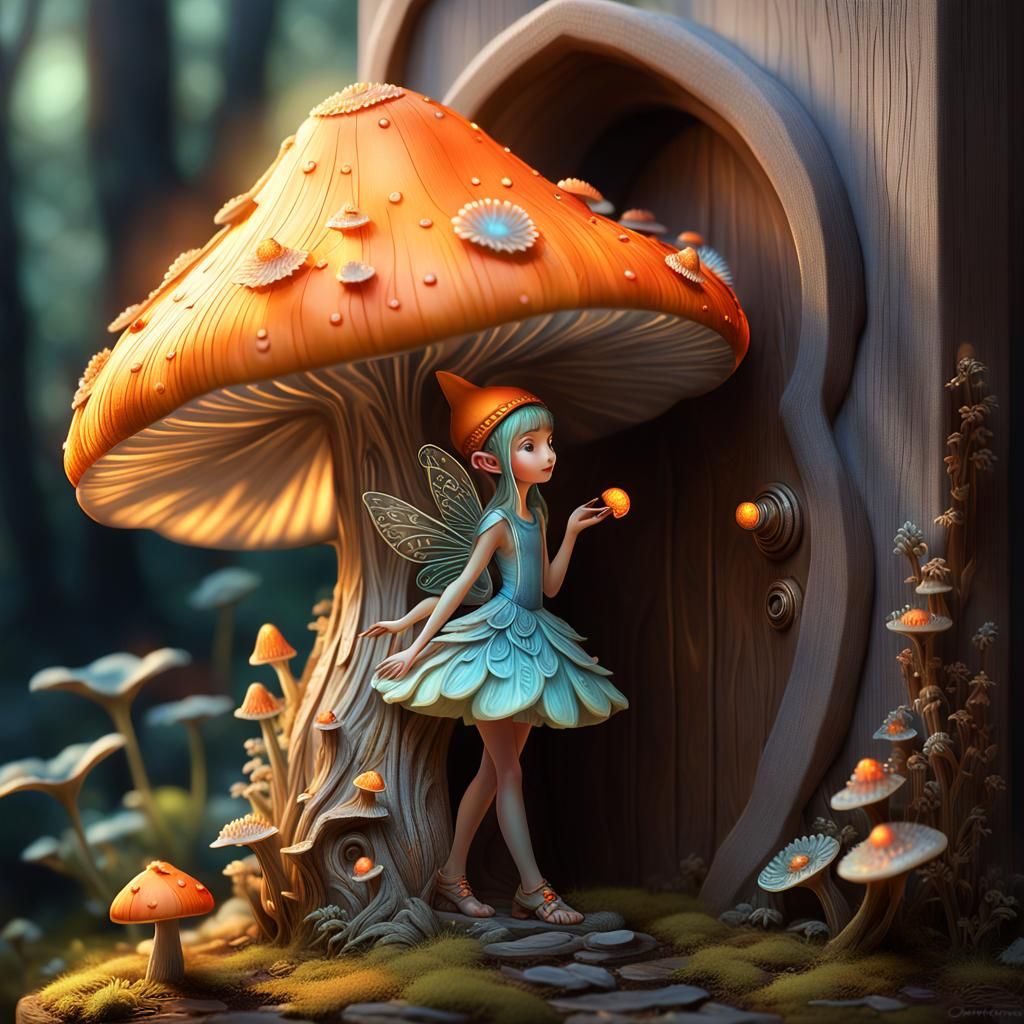 Fairy Opening Mushroom House Door, Digital Art