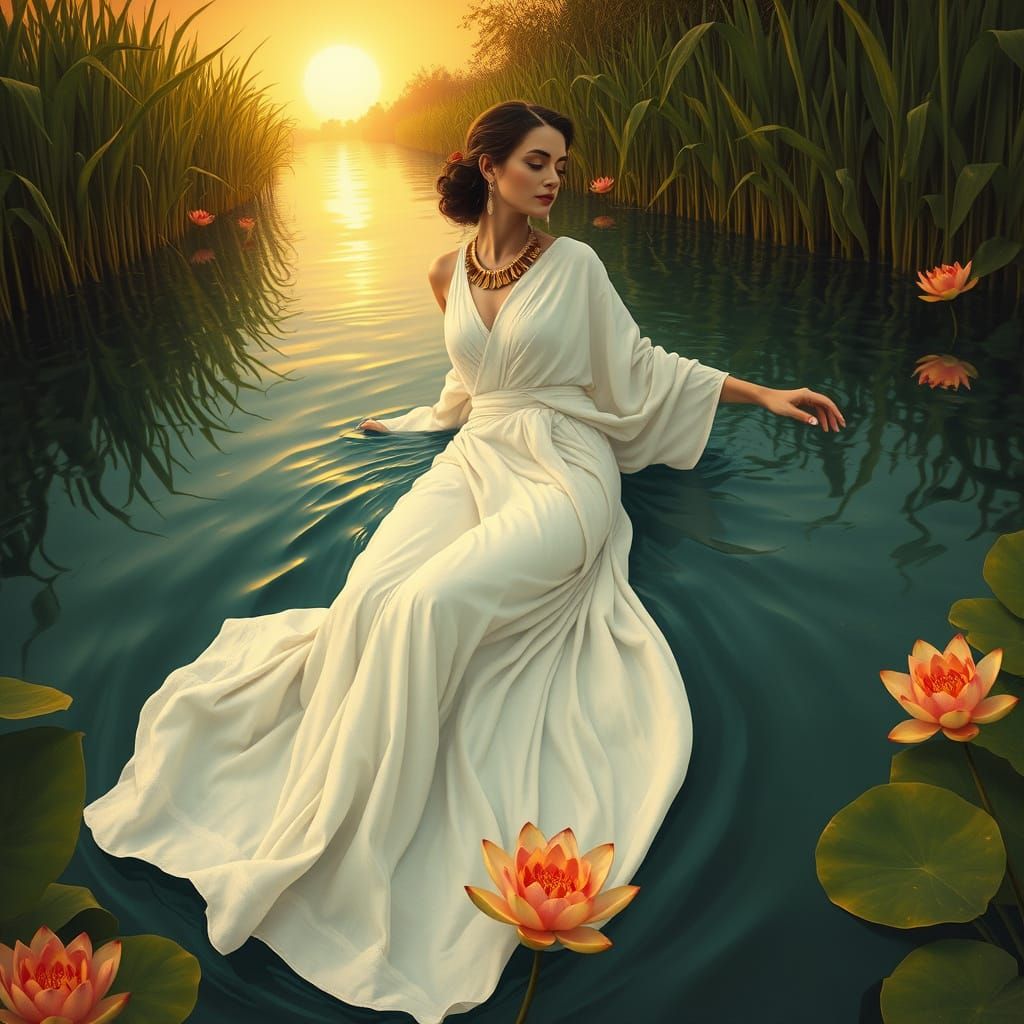 Egyptian Goddess Basks in Golden Nile Sunset