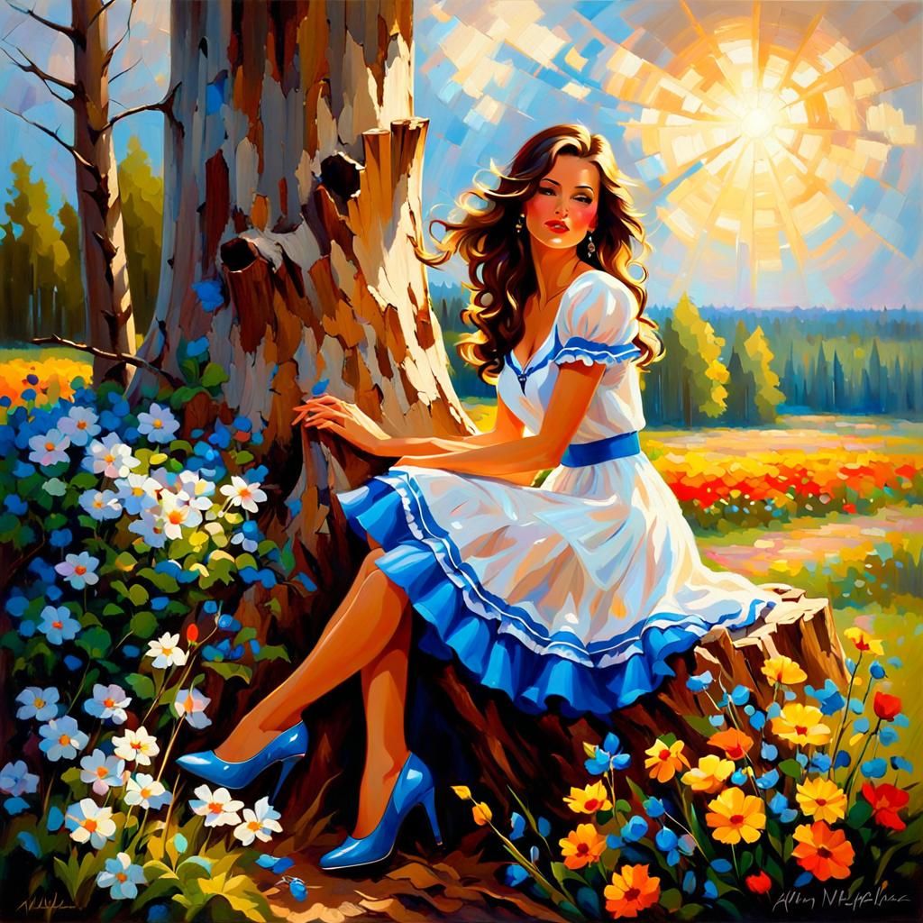 Gorgeous Lady in Oil Painting with Wildflowers